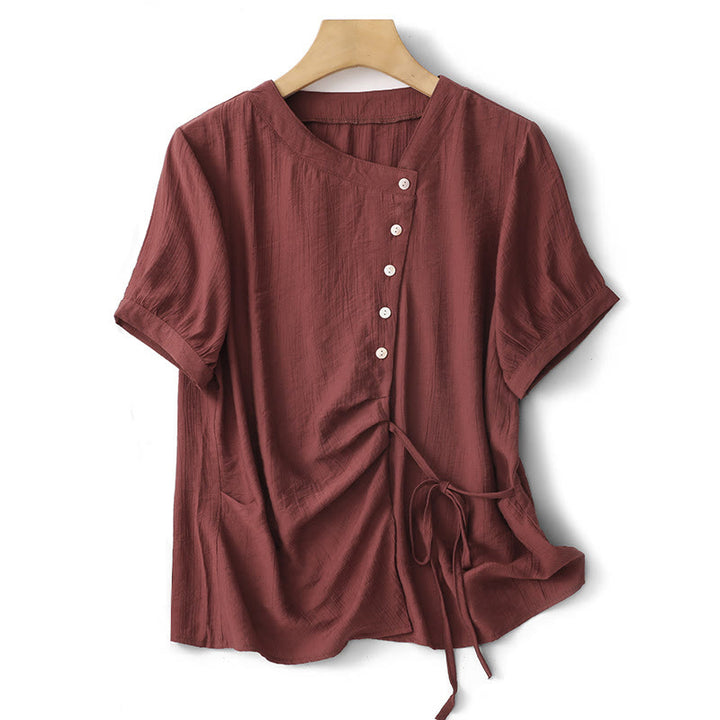 Camisa de algodón para mujer de manga corta abullonada, asimétrica, con cordones y diseño liso Buddha Stones - Ladrillo refractario - US8-10，UK/AU12-14，EU40-42 (2XL) - image 18