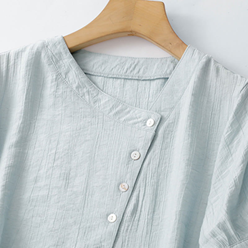Camisa de algodón para mujer de manga corta abullonada, asimétrica, con cordones y diseño liso Buddha Stones - image 2