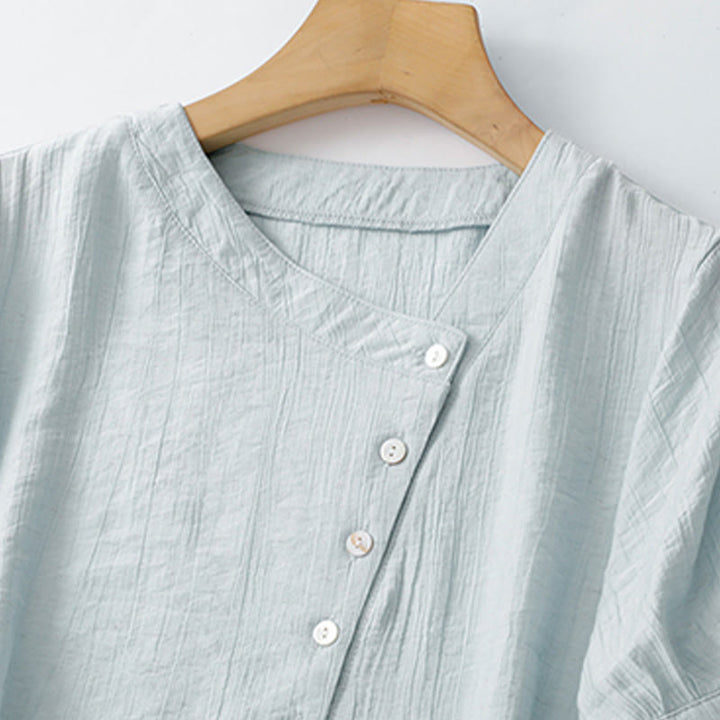 Camisa de algodón para mujer de manga corta abullonada, asimétrica, con cordones y diseño liso Buddha Stones - image 2