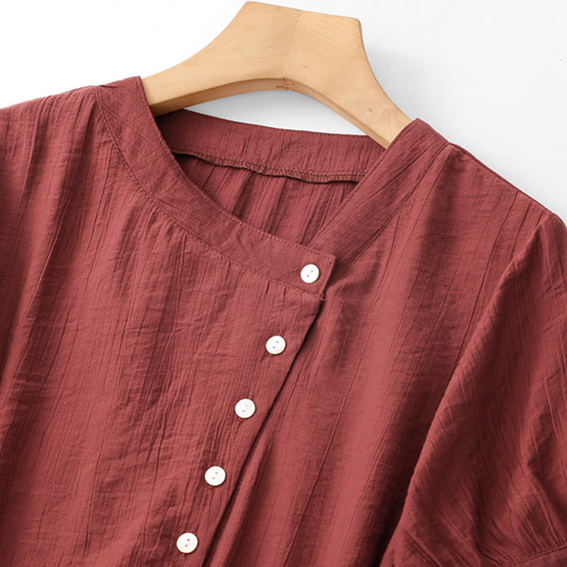 Camisa de algodón para mujer de manga corta abullonada, asimétrica, con cordones y diseño liso Buddha Stones - image 19