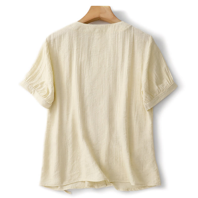 Camisa de algodón para mujer de manga corta abullonada, asimétrica, con cordones y diseño liso Buddha Stones - image 9