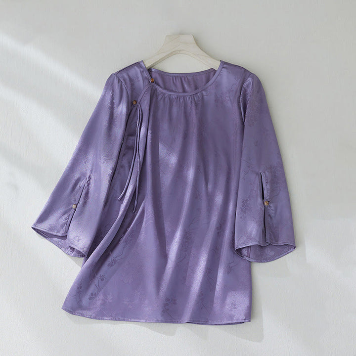 Camisa de verano para mujer con diseño de flores en jacquard de color liso y abertura de manga tres cuartos con Buddha Stones - Azul violeta - US8-10，UK/AU12-14，EU40-42 (2XL) - image 1