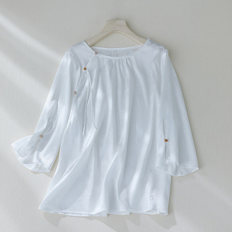 Camisa de verano para mujer con diseño de flores en jacquard de color liso y abertura de manga tres cuartos con Buddha Stones - Blanco - US8-10，UK/AU12-14，EU40-42 (2XL) - image 9