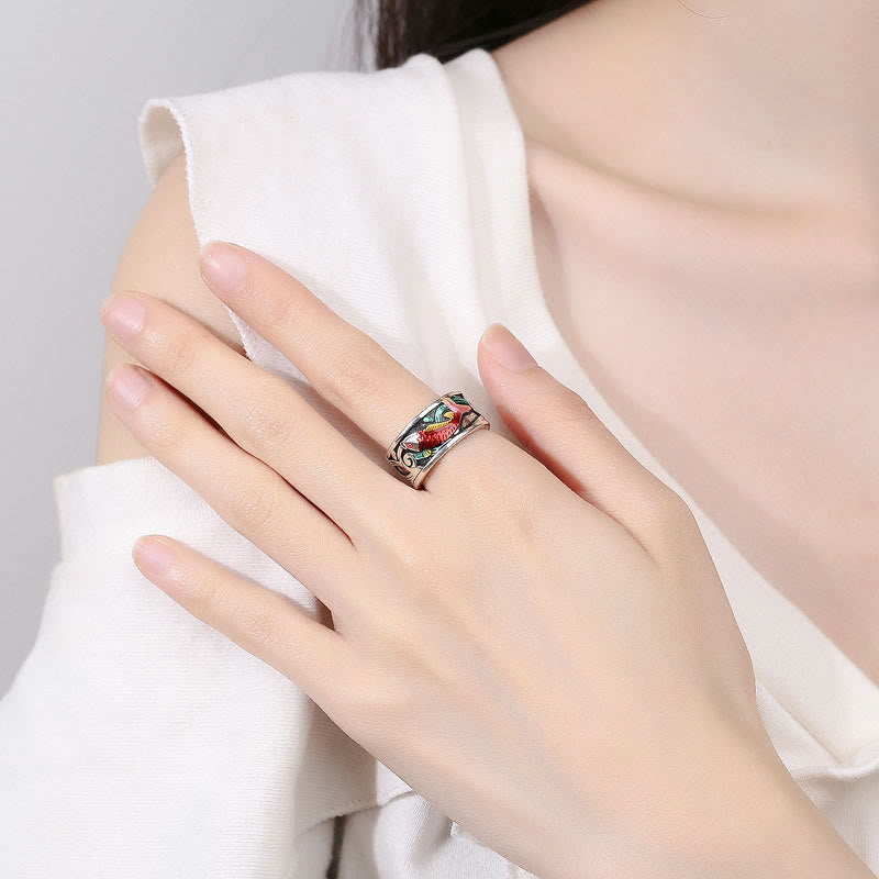 Anillo de Éxito con Sutra del Corazón, Peces Koi de Esmalte Azul y Piedras de Buda