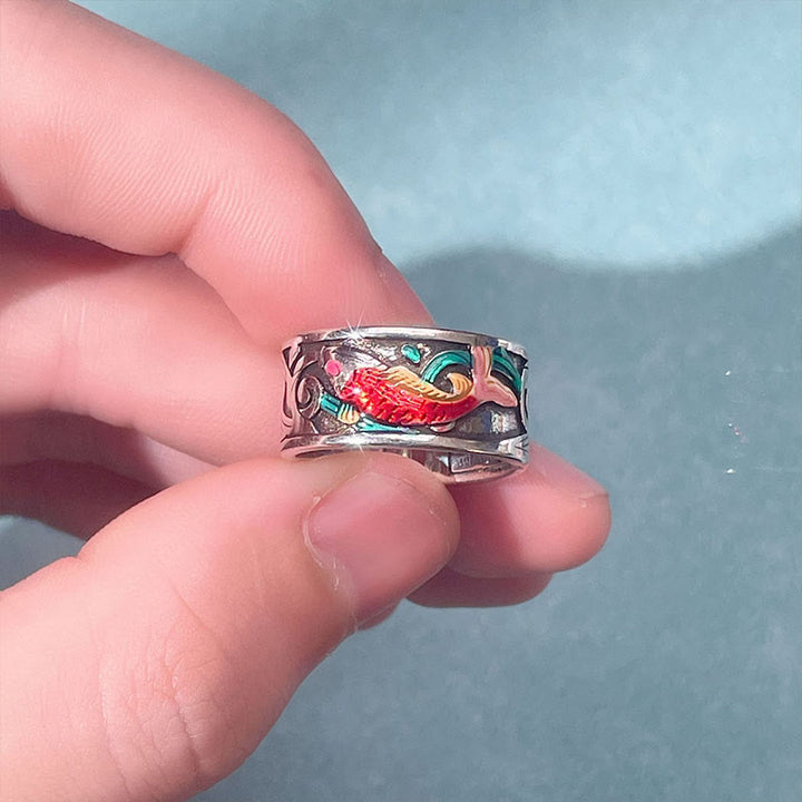 Anillo de Éxito con Sutra del Corazón, Peces Koi de Esmalte Azul y Piedras de Buda