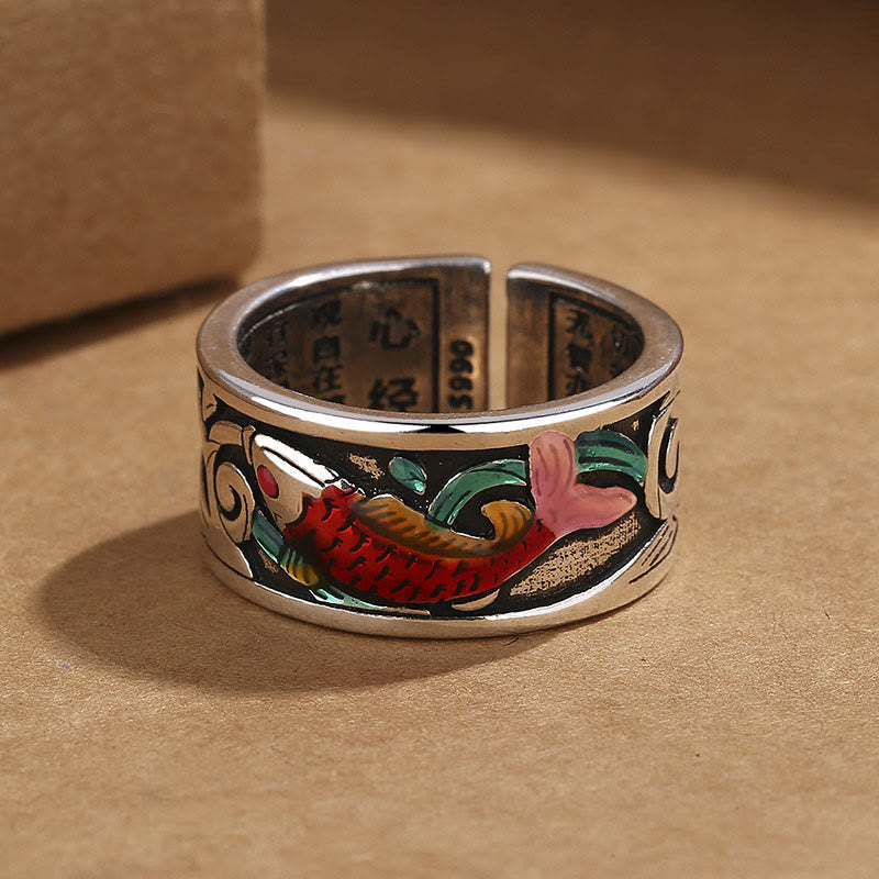 Anillo de Éxito con Sutra del Corazón, Peces Koi de Esmalte Azul y Piedras de Buda