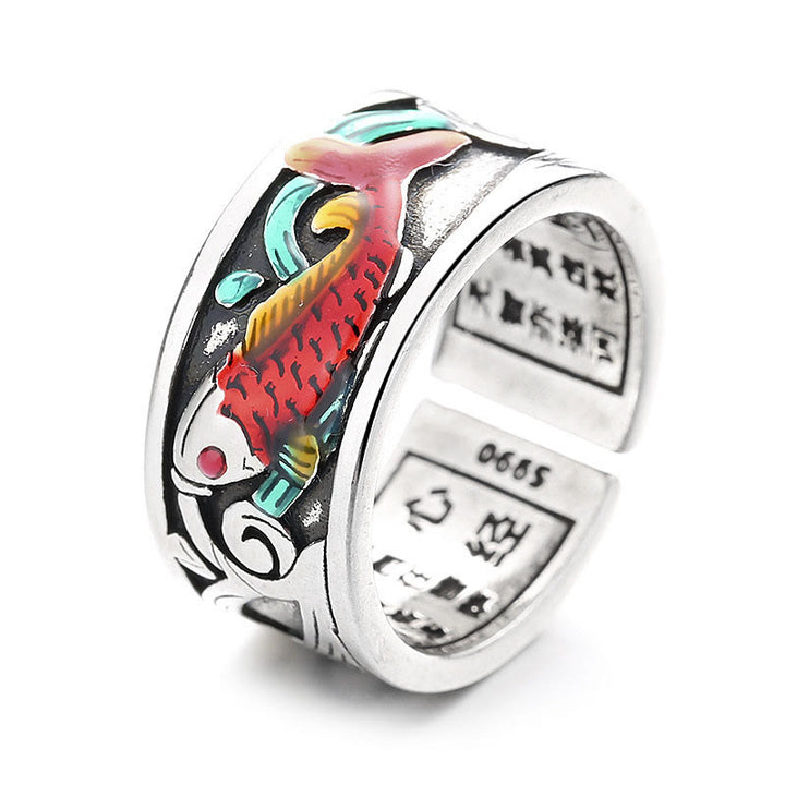 Anillo de Éxito con Sutra del Corazón, Peces Koi de Esmalte Azul y Piedras de Buda