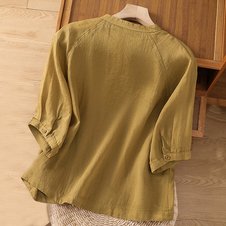 Camisa de lino y algodón con mangas tres cuartos para mujer con bolsillos Buddha Stones Daily - image 11
