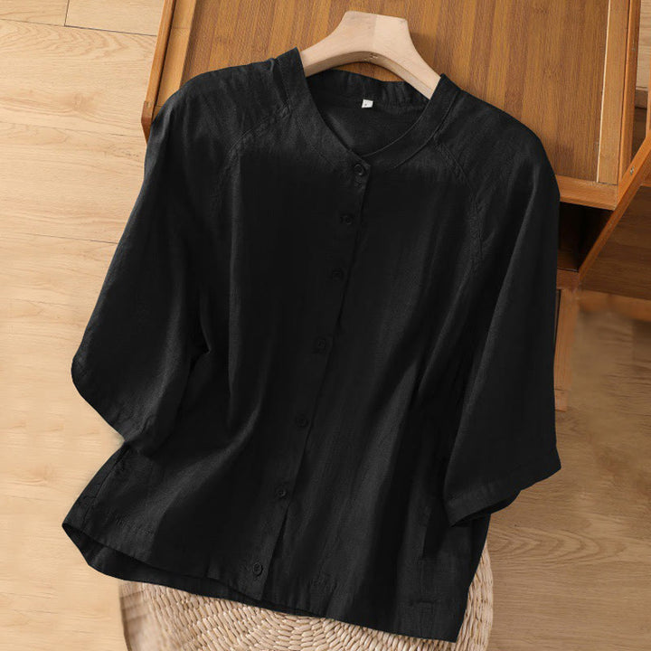 Camisa de lino y algodón con mangas tres cuartos para mujer con bolsillos Buddha Stones Daily - Negro - US14，UK/AU18，EU46 (2XL) - image 8