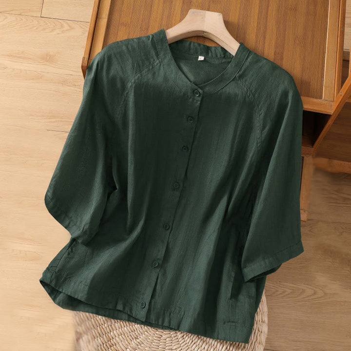 Camisa de lino y algodón con mangas tres cuartos para mujer con bolsillos Buddha Stones Daily - Verde oscuro - US14，UK/AU18，EU46 (2XL) - image 20