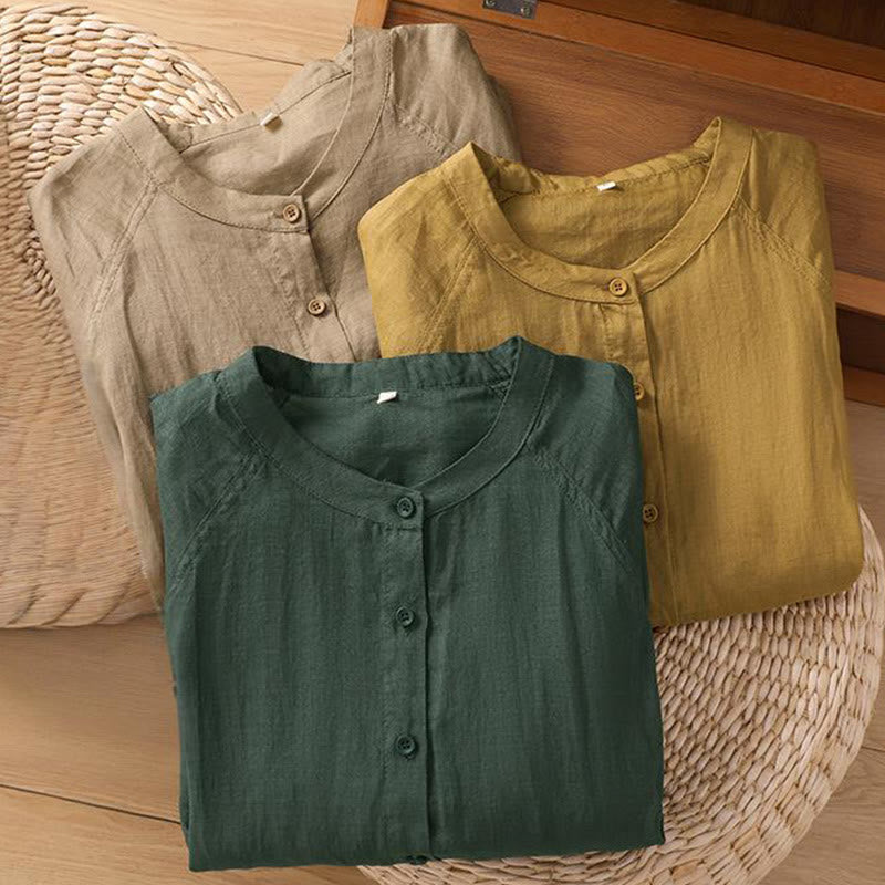Camisa de lino y algodón con mangas tres cuartos para mujer con bolsillos Buddha Stones Daily - image 29