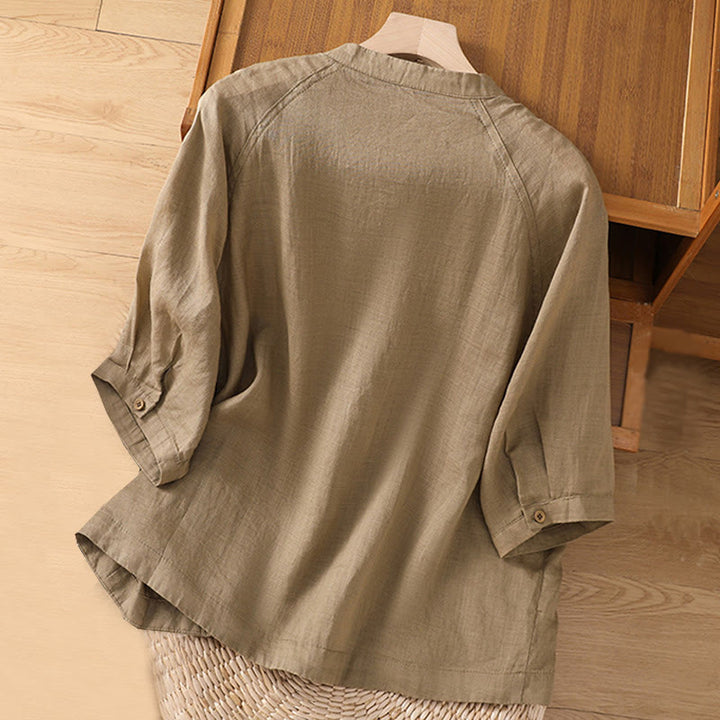 Camisa de lino y algodón con mangas tres cuartos para mujer con bolsillos Buddha Stones Daily - image 2