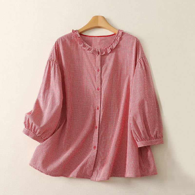 Camisa de algodón para mujer con cuello redondo, mangas tres cuartos y volantes a cuadros de Buddha Stones Spring - NaranjaRojo - US14，UK/AU18，EU46 (2XL) - image 6