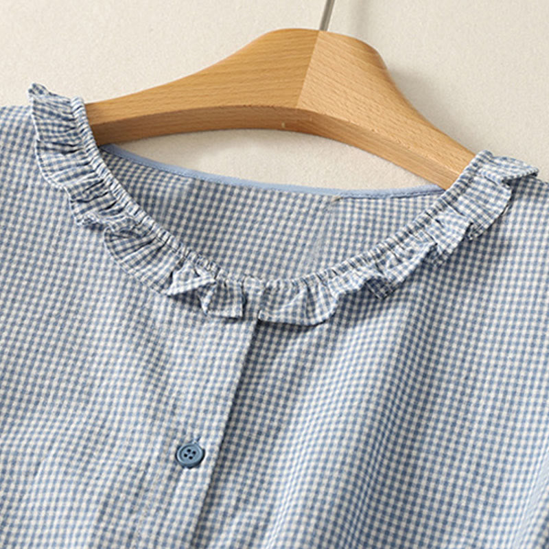 Camisa de algodón para mujer con cuello redondo, mangas tres cuartos y volantes a cuadros de Buddha Stones Spring - image 2
