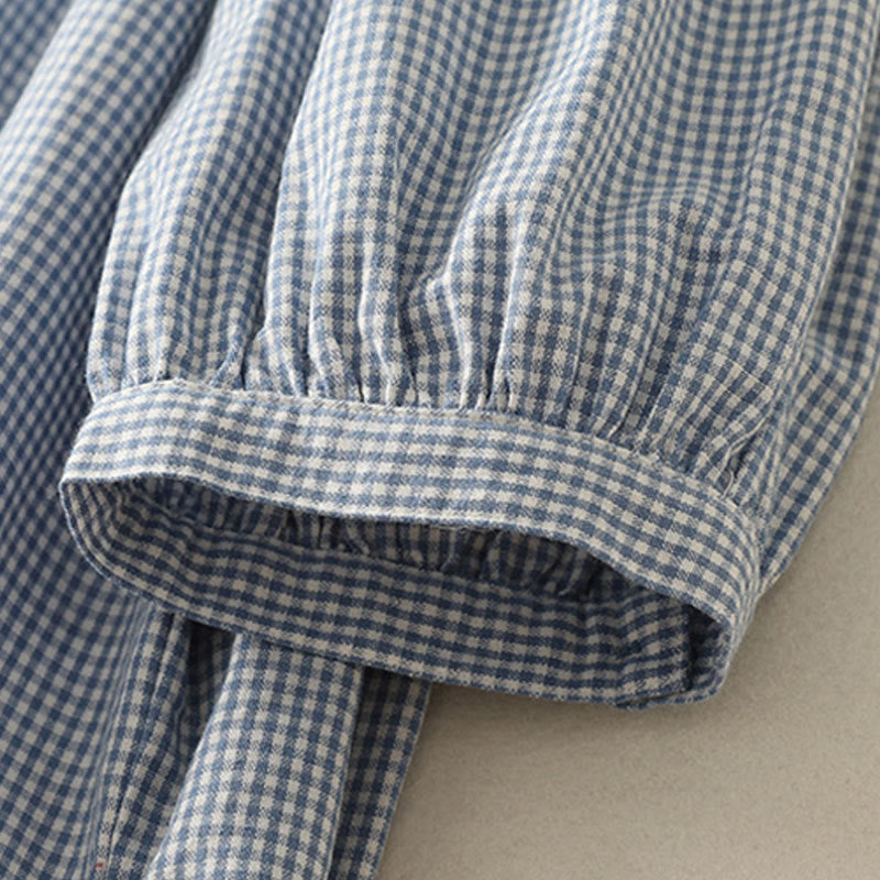 Camisa de algodón para mujer con cuello redondo, mangas tres cuartos y volantes a cuadros de Buddha Stones Spring - image 4