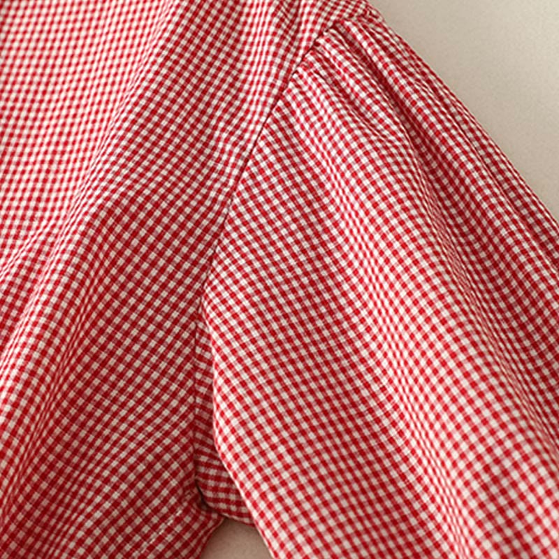 Camisa de algodón para mujer con cuello redondo, mangas tres cuartos y volantes a cuadros de Buddha Stones Spring - image 10
