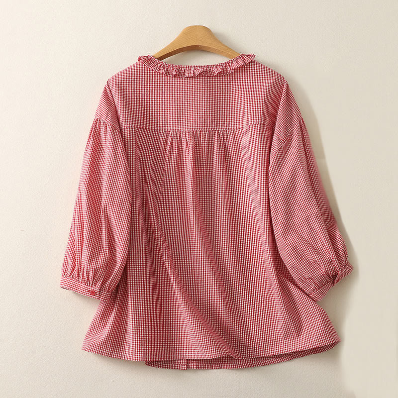 Camisa de algodón para mujer con cuello redondo, mangas tres cuartos y volantes a cuadros de Buddha Stones Spring - image 7