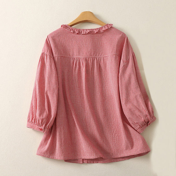 Camisa de algodón para mujer con cuello redondo, mangas tres cuartos y volantes a cuadros de Buddha Stones Spring - image 7