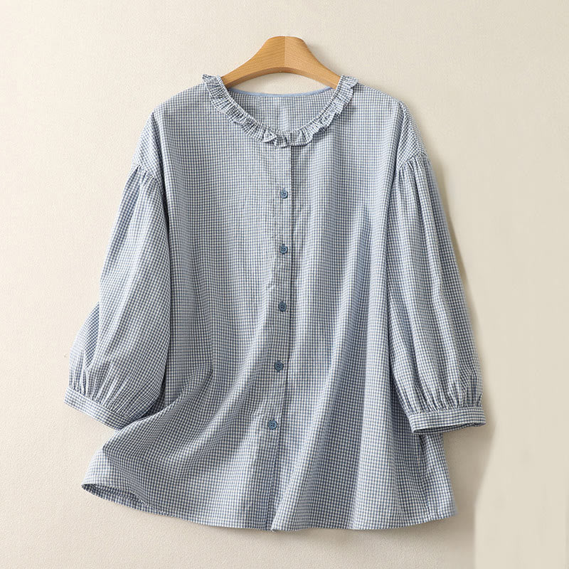 Camisa de algodón para mujer con cuello redondo, mangas tres cuartos y volantes a cuadros de Buddha Stones Spring - Azul claro - US14，UK/AU18，EU46 (2XL) - image 1