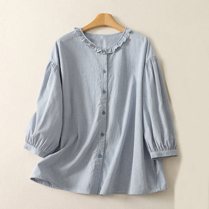 Camisa de algodón para mujer con cuello redondo, mangas tres cuartos y volantes a cuadros de Buddha Stones Spring - Azul claro - US14，UK/AU18，EU46 (2XL) - image 1