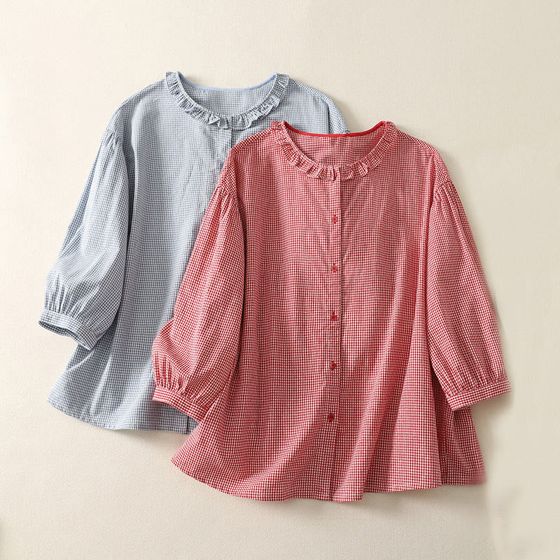 Camisa de algodón para mujer con cuello redondo, mangas tres cuartos y volantes a cuadros de Buddha Stones Spring - image 16
