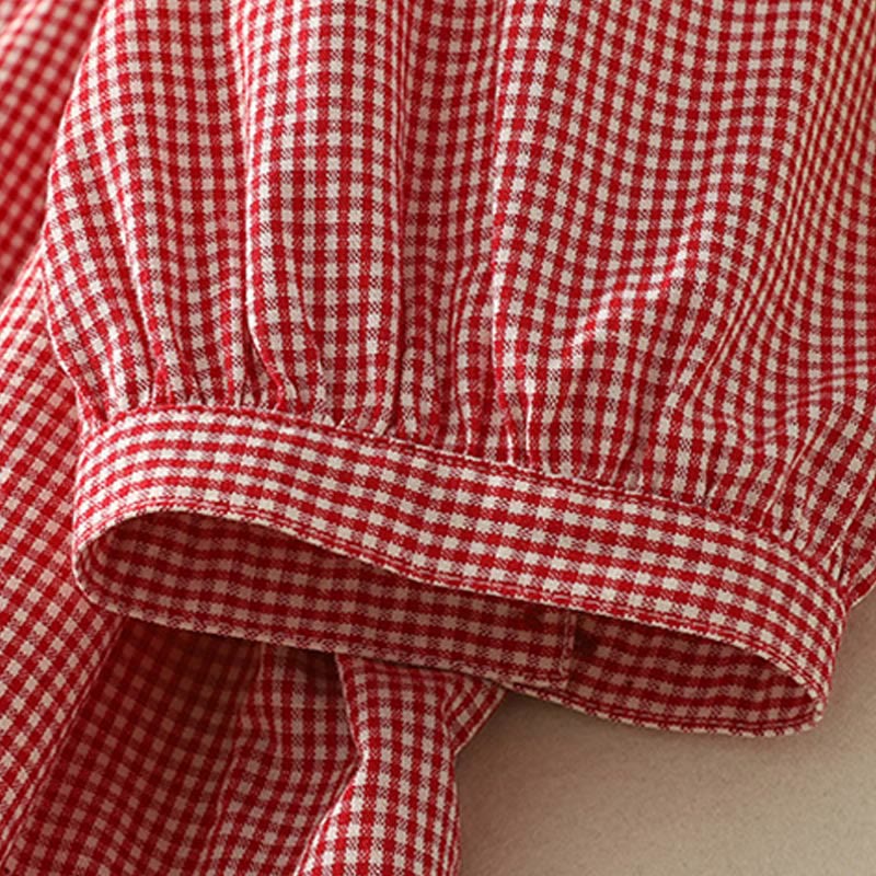 Camisa de algodón para mujer con cuello redondo, mangas tres cuartos y volantes a cuadros de Buddha Stones Spring - image 13