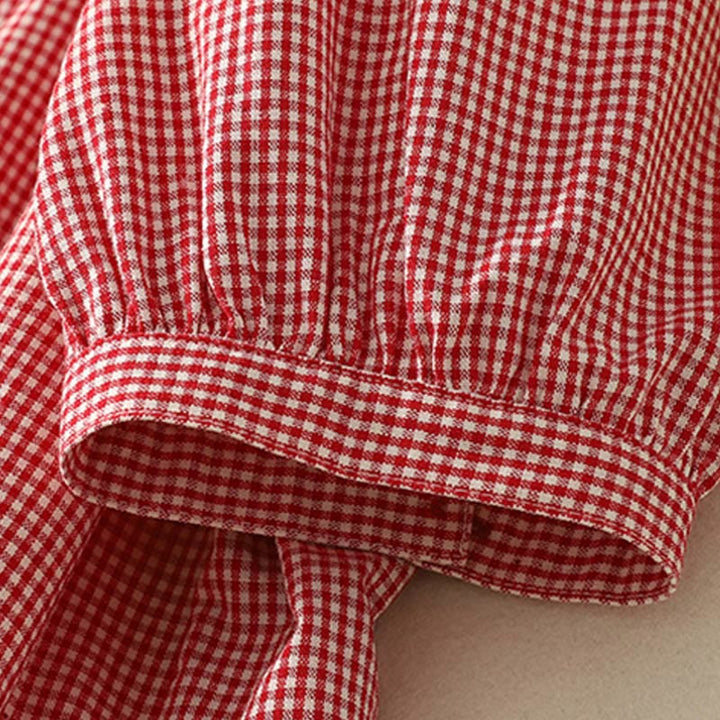 Camisa de algodón para mujer con cuello redondo, mangas tres cuartos y volantes a cuadros de Buddha Stones Spring - image 13