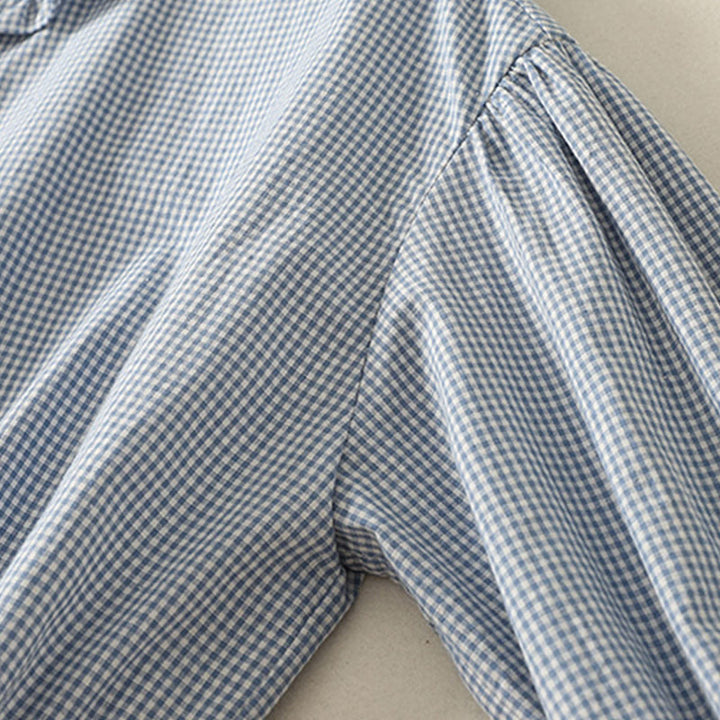 Camisa de algodón para mujer con cuello redondo, mangas tres cuartos y volantes a cuadros de Buddha Stones Spring - image 3