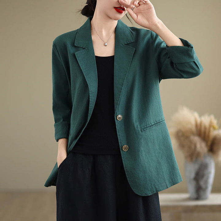 Chaqueta de lino y algodón de manga larga para mujer, color liso, con bolsillos , de Buddha Stones Spring - Verde azulado - US8-10，UK/AU12-14，EU40-42 (2XL) - image 29