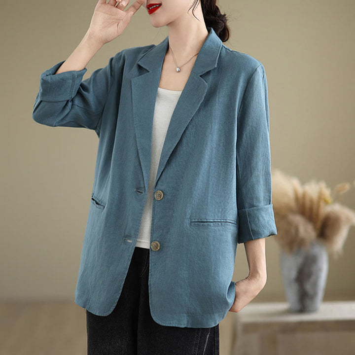 Chaqueta de lino y algodón de manga larga para mujer, color liso, con bolsillos , de Buddha Stones Spring - image 10