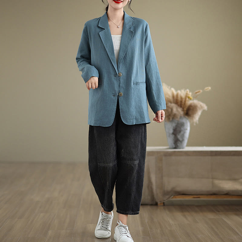 Chaqueta de lino y algodón de manga larga para mujer, color liso, con bolsillos , de Buddha Stones Spring - image 11