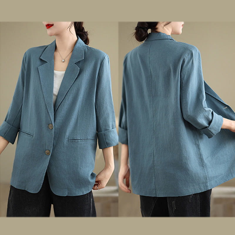 Chaqueta de lino y algodón de manga larga para mujer, color liso, con bolsillos , de Buddha Stones Spring - image 12