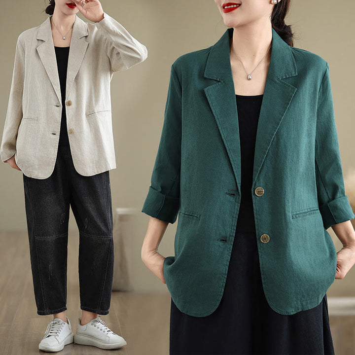 Chaqueta de lino y algodón de manga larga para mujer, color liso, con bolsillos , de Buddha Stones Spring - image 33