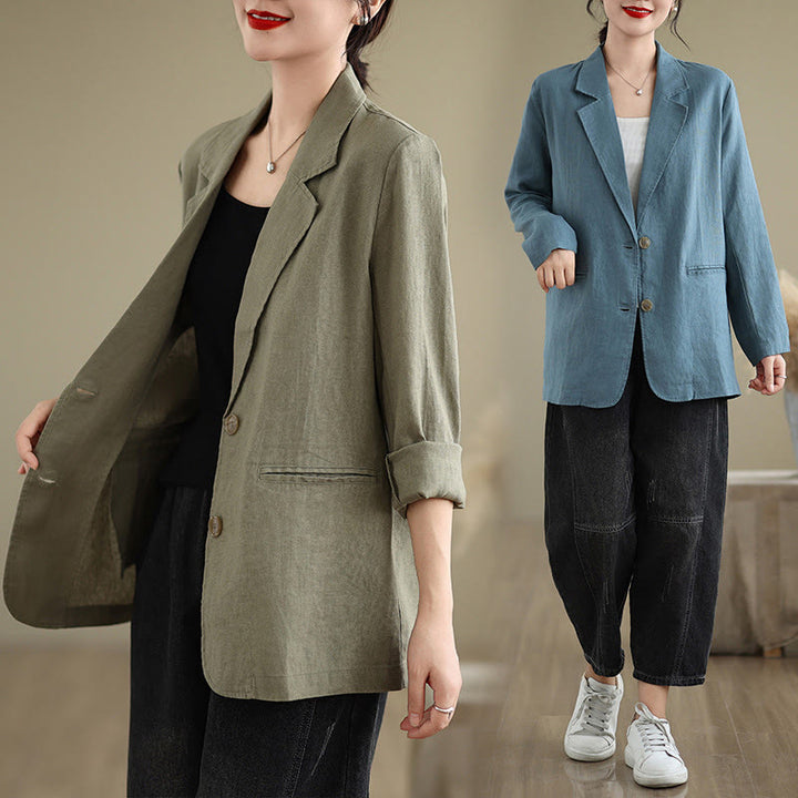 Chaqueta de lino y algodón de manga larga para mujer, color liso, con bolsillos , de Buddha Stones Spring - image 35