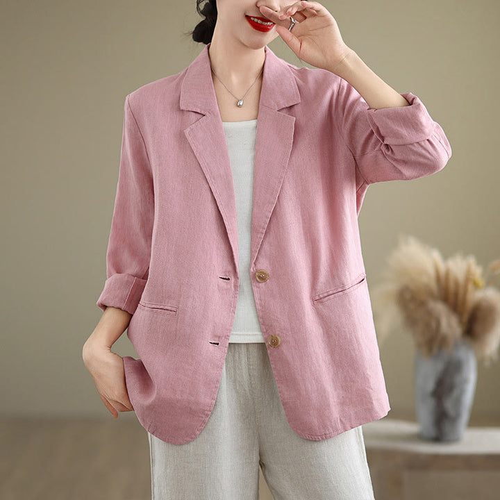 Chaqueta de lino y algodón de manga larga para mujer, color liso, con bolsillos , de Buddha Stones Spring - Rosa claro - US8-10，UK/AU12-14，EU40-42 (2XL) - image 19