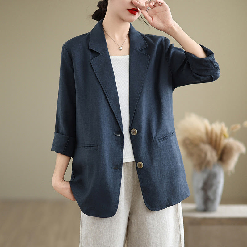 Chaqueta de lino y algodón de manga larga para mujer, color liso, con bolsillos , de Buddha Stones Spring - Azul medianoche - US8-10，UK/AU12-14，EU40-42 (2XL) - image 14