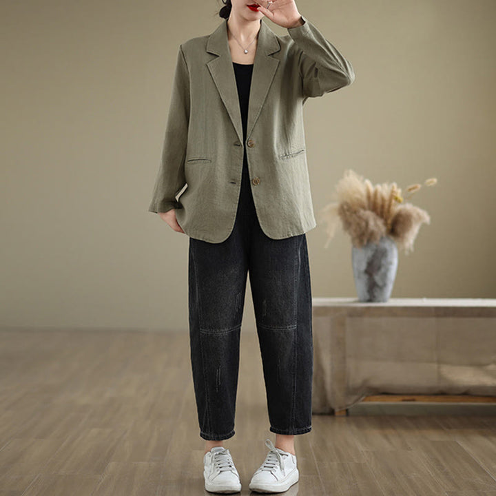 Chaqueta de lino y algodón de manga larga para mujer, color liso, con bolsillos , de Buddha Stones Spring - image 27