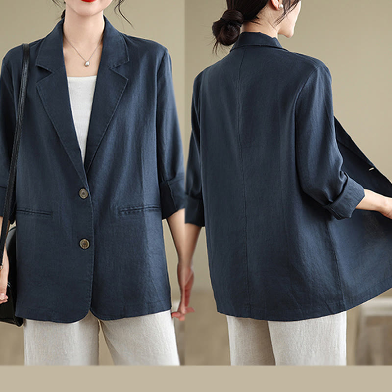 Chaqueta de lino y algodón de manga larga para mujer, color liso, con bolsillos , de Buddha Stones Spring - image 18