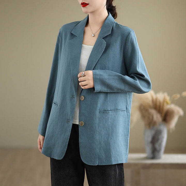Chaqueta de lino y algodón de manga larga para mujer, color liso, con bolsillos , de Buddha Stones Spring - Azul acero - US8-10，UK/AU12-14，EU40-42 (2XL) - image 9
