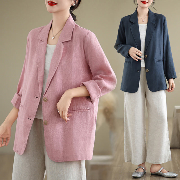Chaqueta de lino y algodón de manga larga para mujer, color liso, con bolsillos , de Buddha Stones Spring - image 36