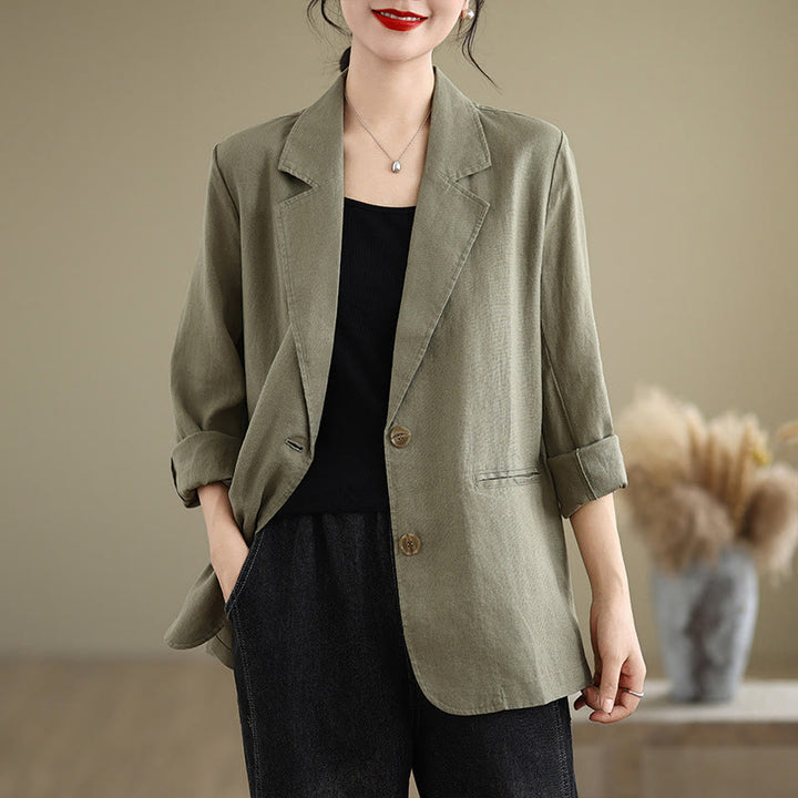 Chaqueta de lino y algodón de manga larga para mujer, color liso, con bolsillos , de Buddha Stones Spring - Verde oliva - US8-10，UK/AU12-14，EU40-42 (2XL) - image 23
