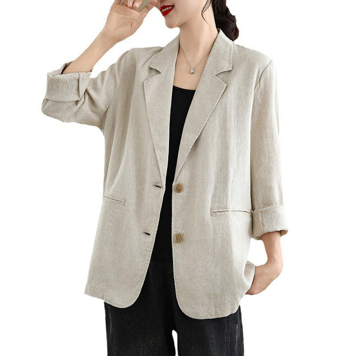 Chaqueta de lino y algodón de manga larga para mujer, color liso, con bolsillos , de Buddha Stones Spring - image 7