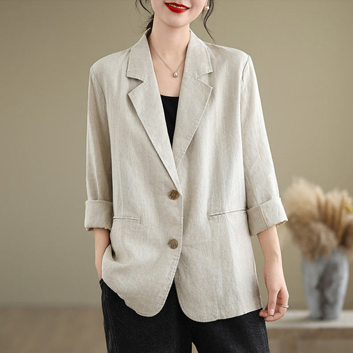 Chaqueta de lino y algodón de manga larga para mujer, color liso, con bolsillos , de Buddha Stones Spring - Beige - US8-10，UK/AU12-14，EU40-42 (2XL) - image 0