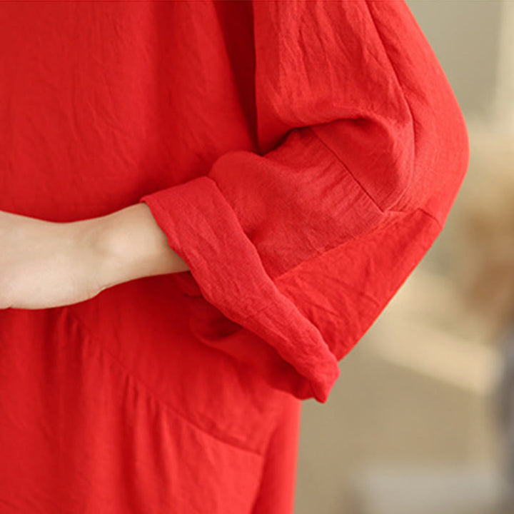 Vestido midi de algodón con cuello en V y manga larga en color puro de Buddha Stones Fall - image 10