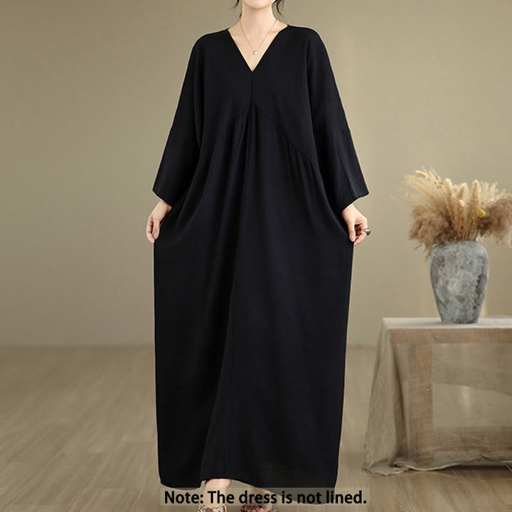 Vestido midi de algodón con cuello en V y manga larga en color puro de Buddha Stones Fall - image 2