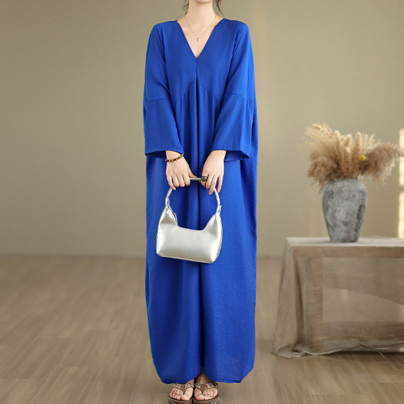 Vestido midi de algodón con cuello en V y manga larga en color puro de Buddha Stones Fall - image 16