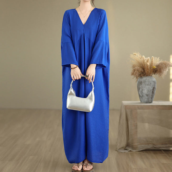 Vestido midi de algodón con cuello en V y manga larga en color puro de Buddha Stones Fall - image 16