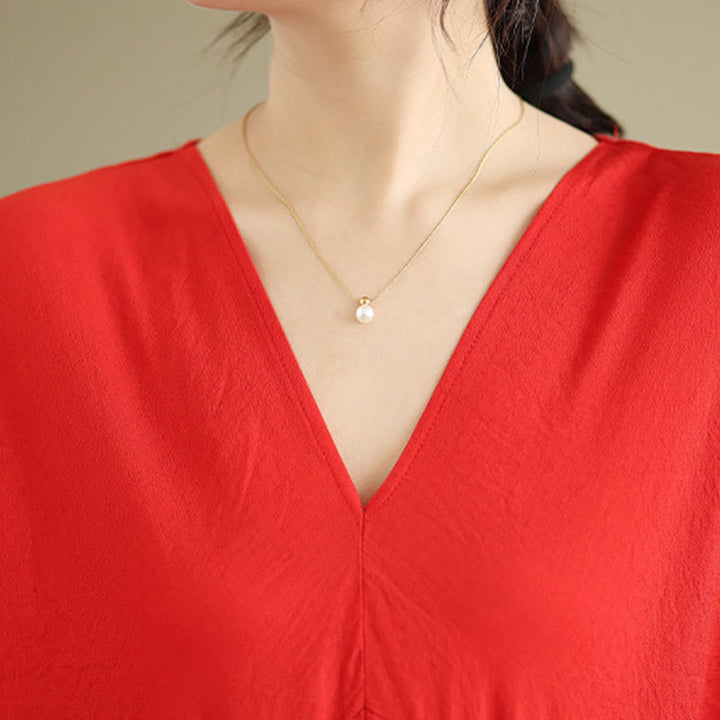 Vestido midi de algodón con cuello en V y manga larga en color puro de Buddha Stones Fall - image 9