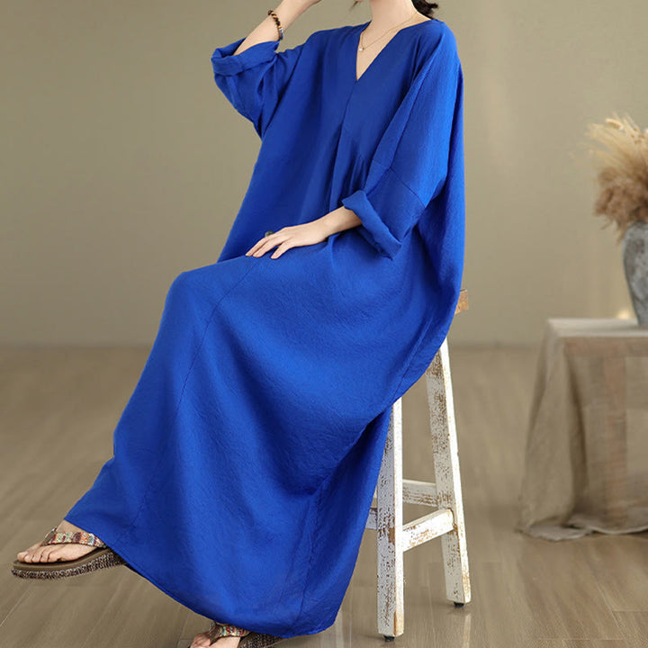 Vestido midi de algodón con cuello en V y manga larga en color puro de Buddha Stones Fall - image 17
