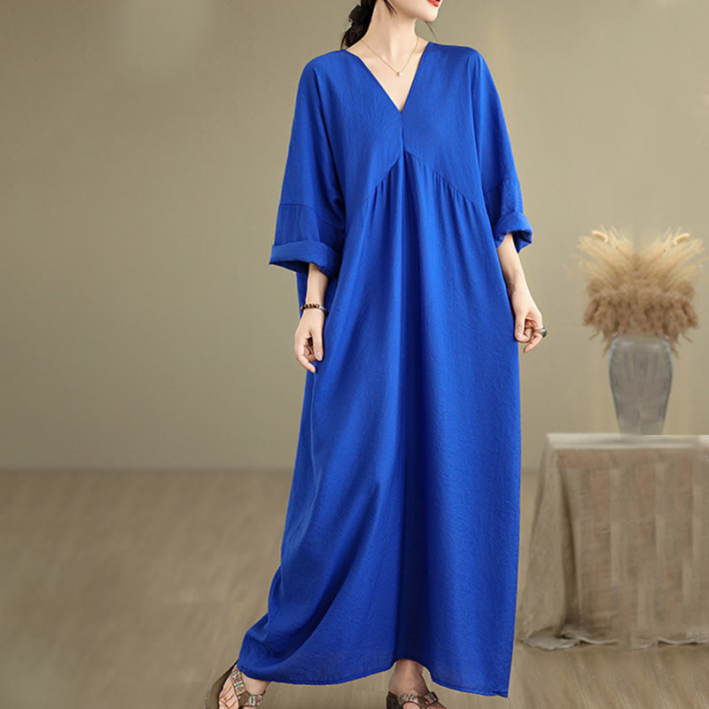 Vestido midi de algodón con cuello en V y manga larga en color puro de Buddha Stones Fall - image 15